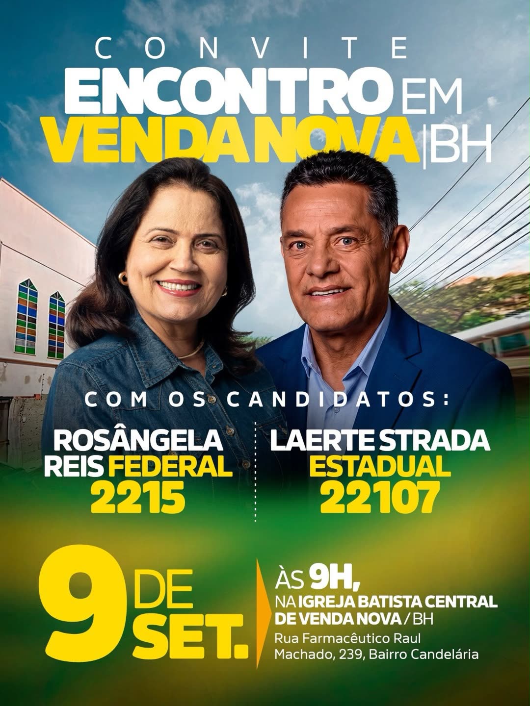 Convite da campanha para o encontro em Venda Nova com Rosângela Reis 2215 e Laerte Strada 22107